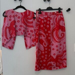 FARM Rio Red and Pink Midi Skirt